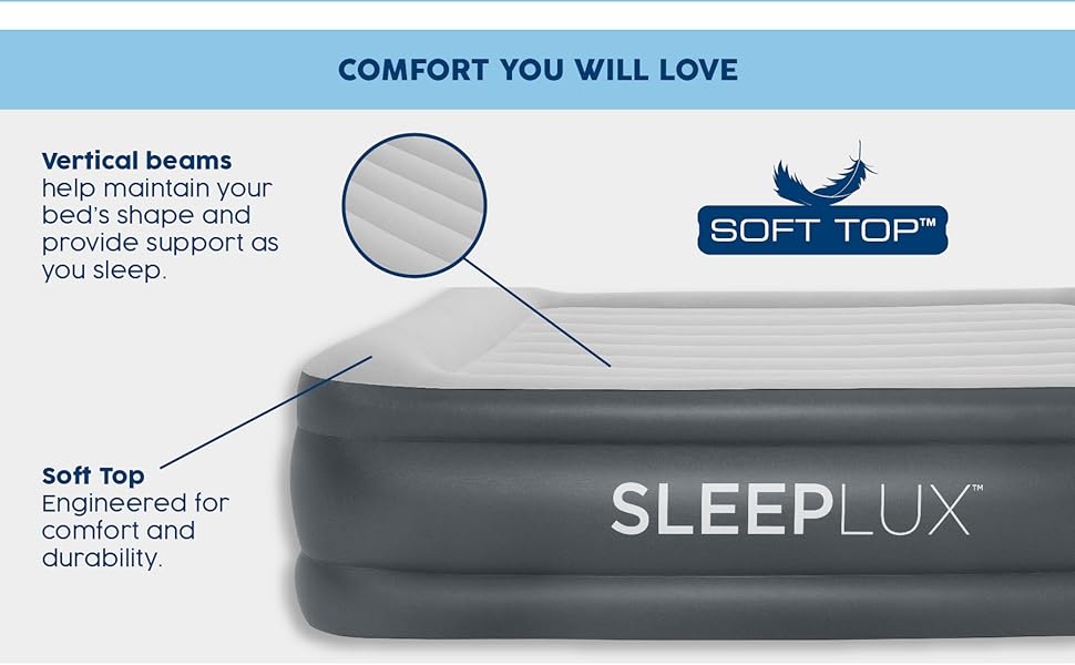 Sleeplux, vertical beams, soft top, airbed, air mattress, comfort and durability